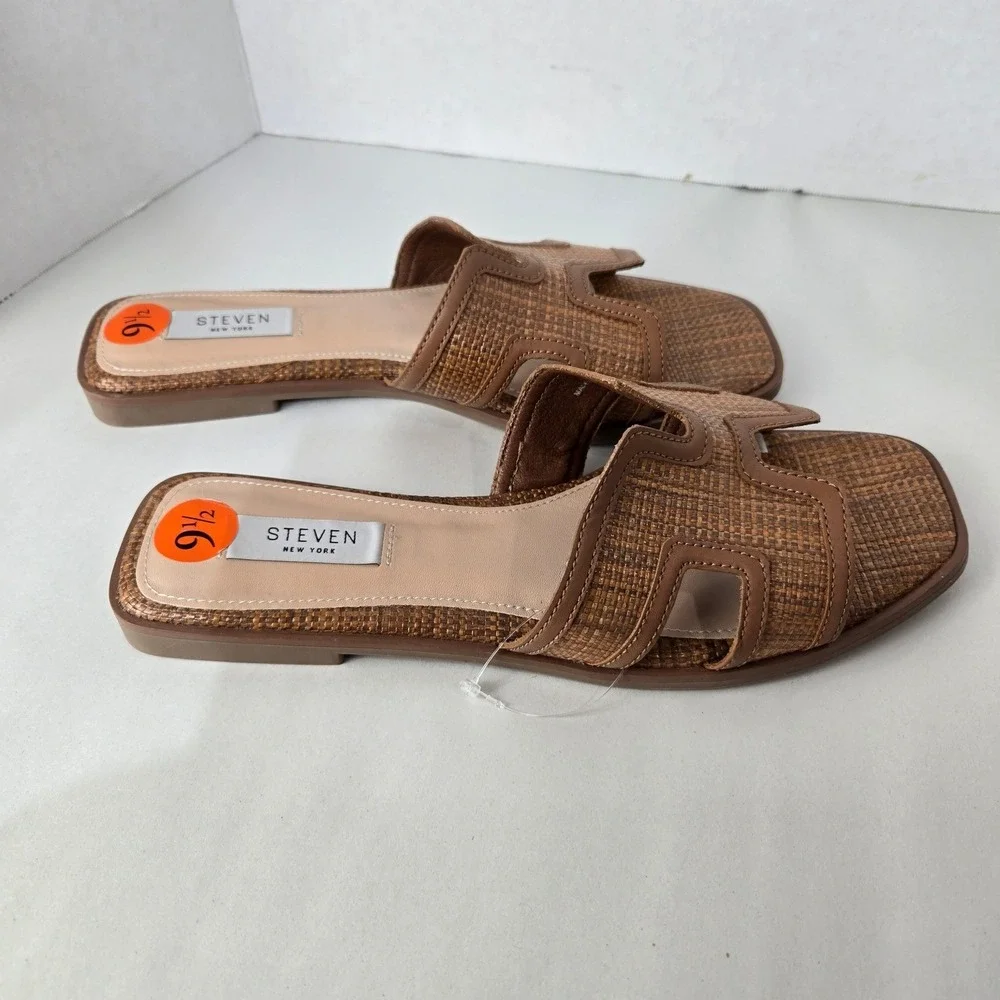 Steven‎ NY Size 9.5 Slide Sandals Brown Woven Raffia Square Toe H-Strap #1068